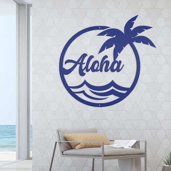 Aloha Palm Tree Round Metal Sign-Beach-Pool Metal Sign