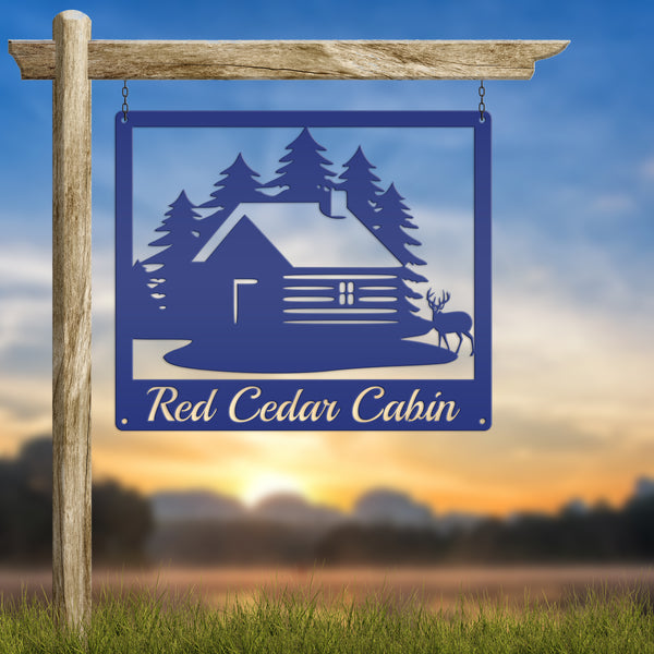 Personalized Cabin with Deer Welcome Metal Sign