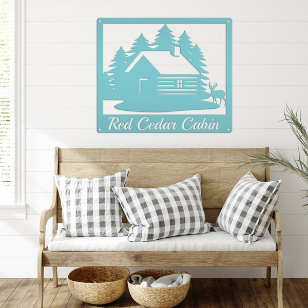 Personalized Cabin with Deer Welcome Metal Sign