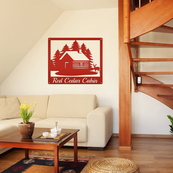 Personalized Cabin with Deer Welcome Metal Sign