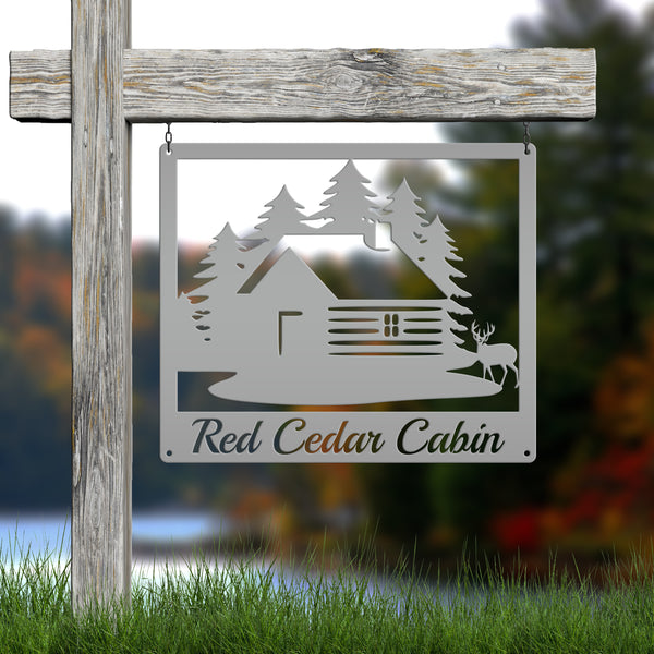 Personalized Cabin with Deer Welcome Metal Sign