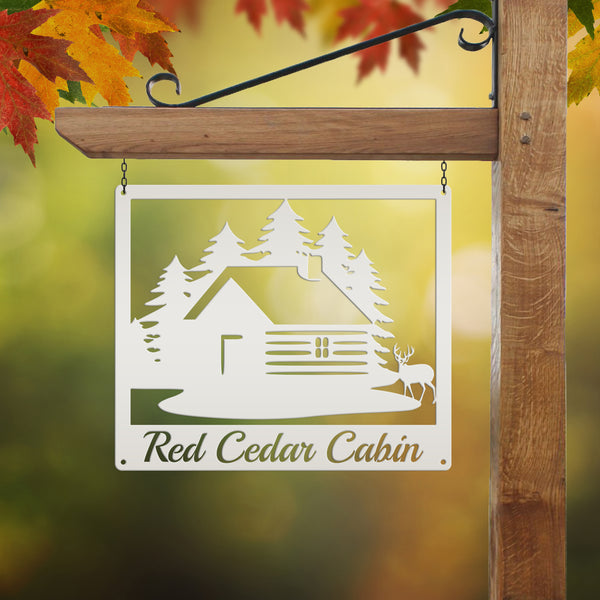 Personalized Cabin with Deer Welcome Metal Sign