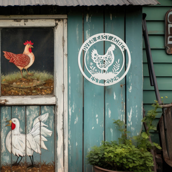 Metal Chicken Sign with Floral Design - Unique Personalized Farm Decor - Charming Custom Chicken Coop Plaque - Rustic Farmhouse Wall Hanging