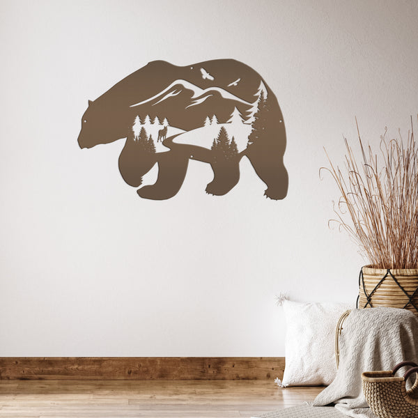 Bear Silhouette With Mountain Scene Metal Sign-Rustic Cabin-Lodge Metal Wall Decor with Mountain scene