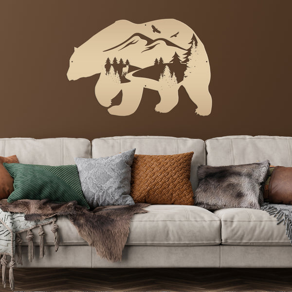 Bear Silhouette With Mountain Scene Metal Sign-Rustic Cabin-Lodge Metal Wall Decor with Mountain scene