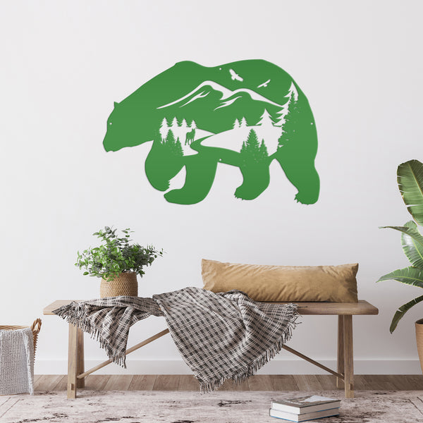 Bear Silhouette With Mountain Scene Metal Sign-Rustic Cabin-Lodge Metal Wall Decor with Mountain scene