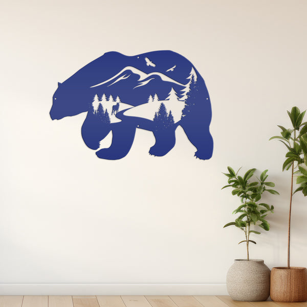 Bear Silhouette With Mountain Scene Metal Sign-Rustic Cabin-Lodge Metal Wall Decor with Mountain scene