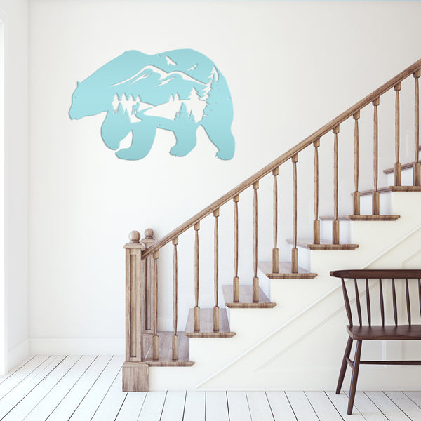 Bear Silhouette With Mountain Scene Metal Sign-Rustic Cabin-Lodge Metal Wall Decor with Mountain scene