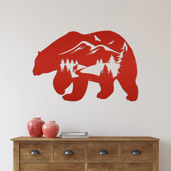 Bear Silhouette With Mountain Scene Metal Sign-Rustic Cabin-Lodge Metal Wall Decor with Mountain scene