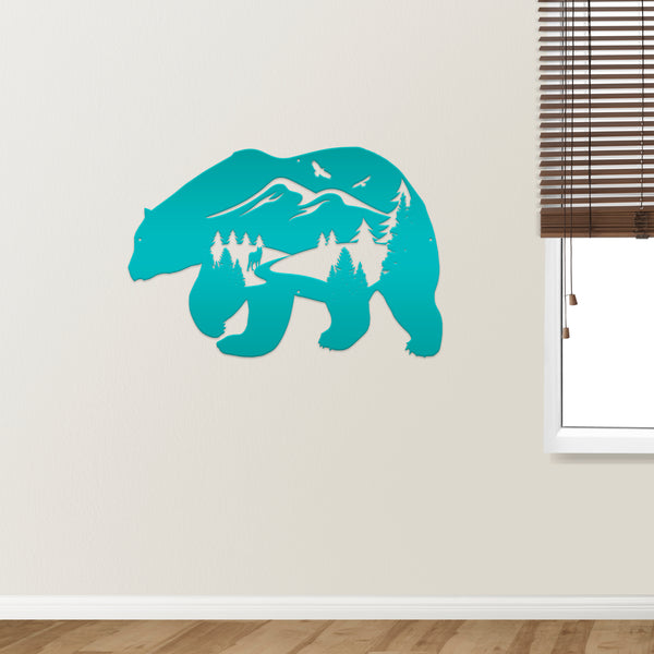 Bear Silhouette With Mountain Scene Metal Sign-Rustic Cabin-Lodge Metal Wall Decor with Mountain scene