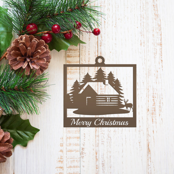 Personalized Outdoor Cabin with Deer Metal Christmas/Holiday Ornament