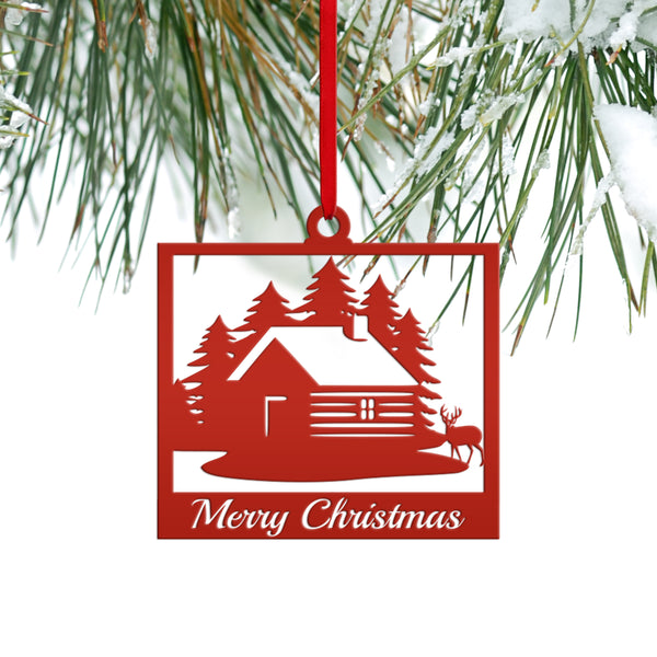 Personalized Outdoor Cabin with Deer Metal Christmas/Holiday Ornament