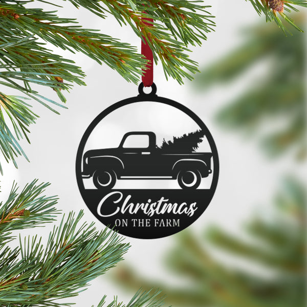 Rustic Metal Truck Carrying Christmas Tree – Unique Holiday Ornament - Gift for Farmer - Stocking Stuffer - Cute Christmas on the Farm Decor