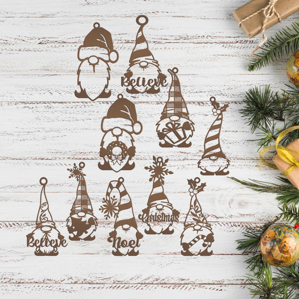 Set of 10 Assorted Christmas Gnome Metal Ornaments - Holiday Decor
