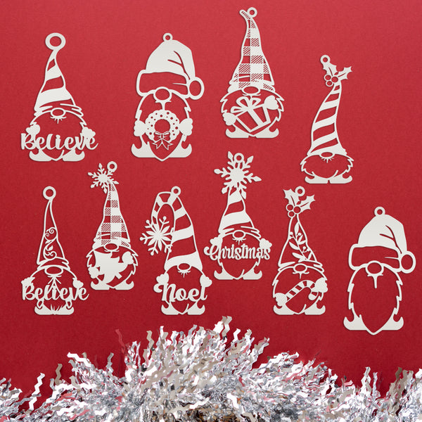 Set of 10 Assorted Christmas Gnome Metal Ornaments - Holiday Decor