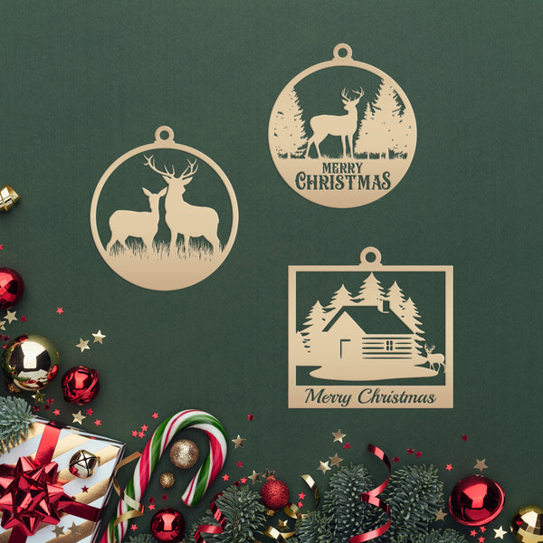 Set of 3 Outdoor Cabin, Deer and Doe Merry Christmas Metal Ornaments