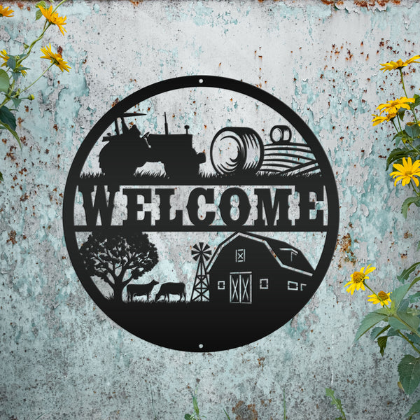 Round Farm Scene Welcome Metal Sign-Family Farm Welcome Sign-Indoor-Ourdoor Metal Sign