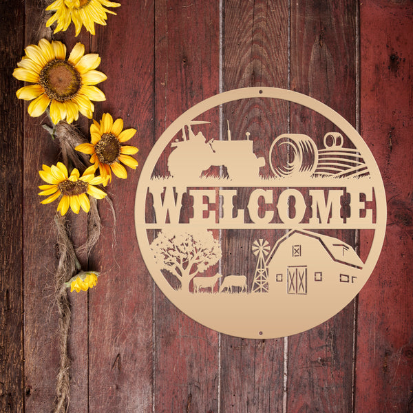 Round Farm Scene Welcome Metal Sign-Family Farm Welcome Sign-Indoor-Ourdoor Metal Sign