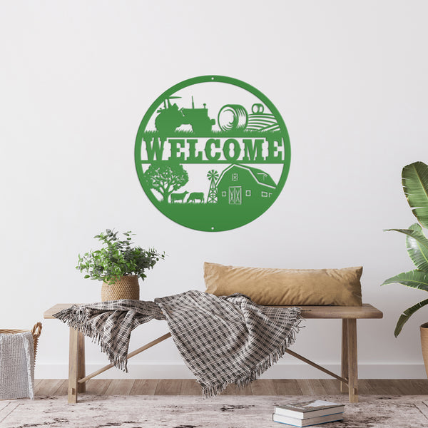 Round Farm Scene Welcome Metal Sign-Family Farm Welcome Sign-Indoor-Ourdoor Metal Sign