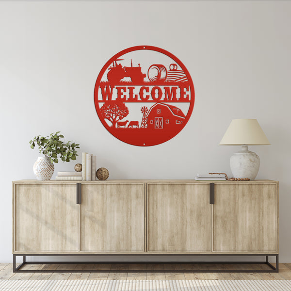 Round Farm Scene Welcome Metal Sign-Family Farm Welcome Sign-Indoor-Ourdoor Metal Sign