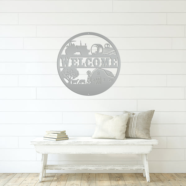 Round Farm Scene Welcome Metal Sign-Family Farm Welcome Sign-Indoor-Ourdoor Metal Sign