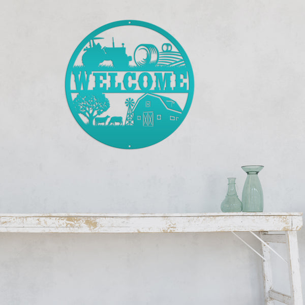 Round Farm Scene Welcome Metal Sign-Family Farm Welcome Sign-Indoor-Ourdoor Metal Sign