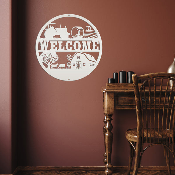 Round Farm Scene Welcome Metal Sign-Family Farm Welcome Sign-Indoor-Ourdoor Metal Sign