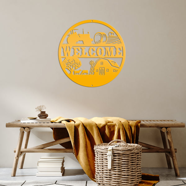 Round Farm Scene Welcome Metal Sign-Family Farm Welcome Sign-Indoor-Ourdoor Metal Sign