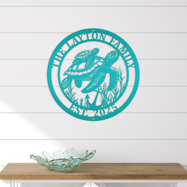 Custom Sea Turtle Family Metal Sign - Personalized Ocean Home Decor - Beach House Decoration - Front Porch Wall Art - Cute Housewarming Gift