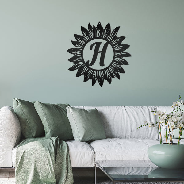 Sunflower Monogram Sign, Flower Sign with Monogram Letter, Front door sign