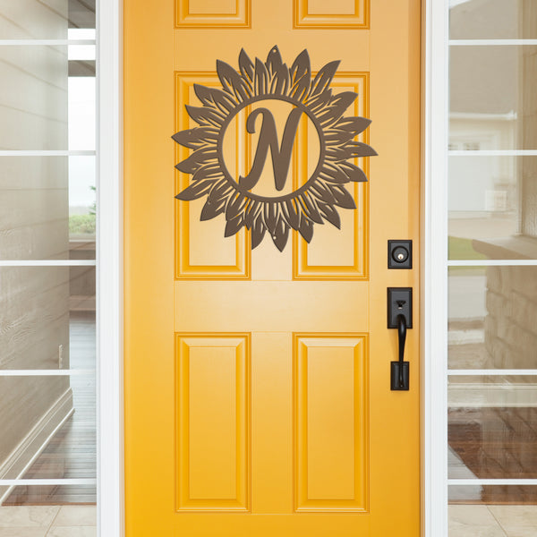 Sunflower Monogram Sign, Flower Sign with Monogram Letter, Front door sign