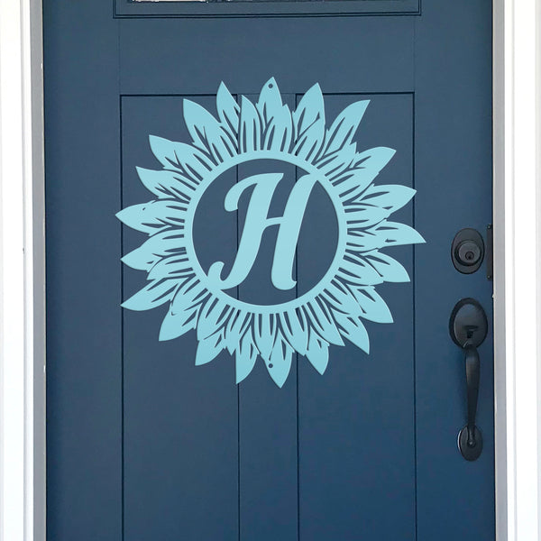 Sunflower Monogram Sign, Flower Sign with Monogram Letter, Front door sign