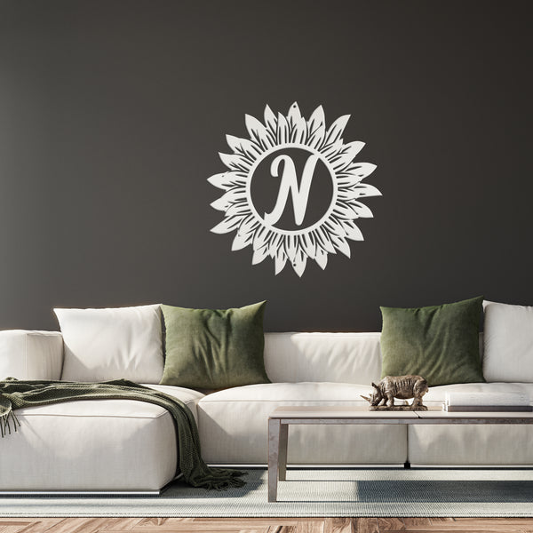 Sunflower Monogram Sign, Flower Sign with Monogram Letter, Front door sign