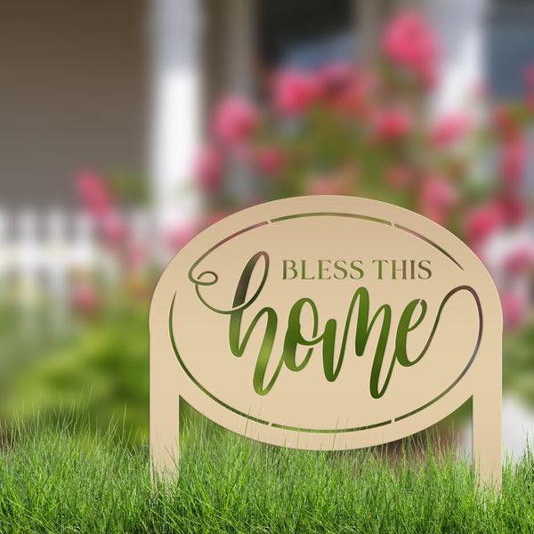 Bless This Home Metal Garden Stake Decoration - Oval Christian Quote Home Decor - Outdoor Laser Cut Yard Stake - Unique Housewarming Gifts