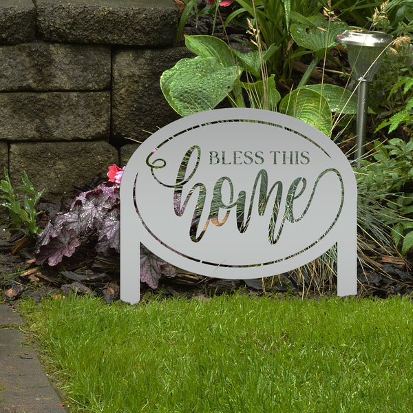 Bless This Home Metal Garden Stake Decoration - Oval Christian Quote Home Decor - Outdoor Laser Cut Yard Stake - Unique Housewarming Gifts