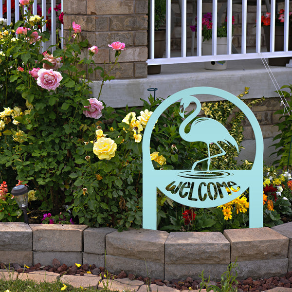 Tropical Flamingo Welcome Sign - Whimsical Metal Yard Stake - Welcoming Entryway Home Decor - Unique Garden Decorations - Housewarming Gifts