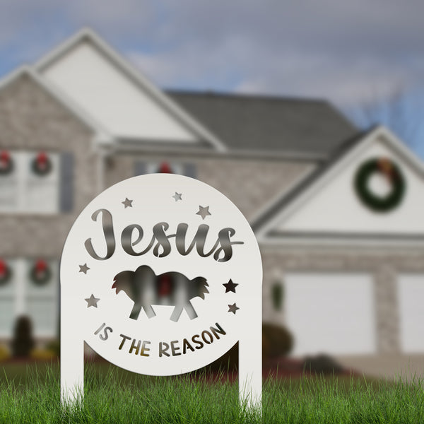 Festive Jesus Yard Ornament - Holiday Lawn Decoration - Metal Jesus is the Reason Sign - Christmas Nativity Yard Stake - Manger Scene Decor