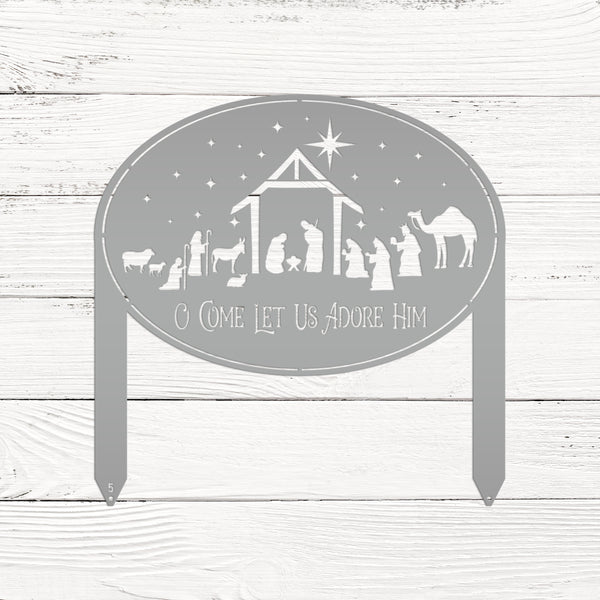 Metal Nativity Yard Sign for Outdoors, Outdoor Christmas Decoration, O Come let us adore Him