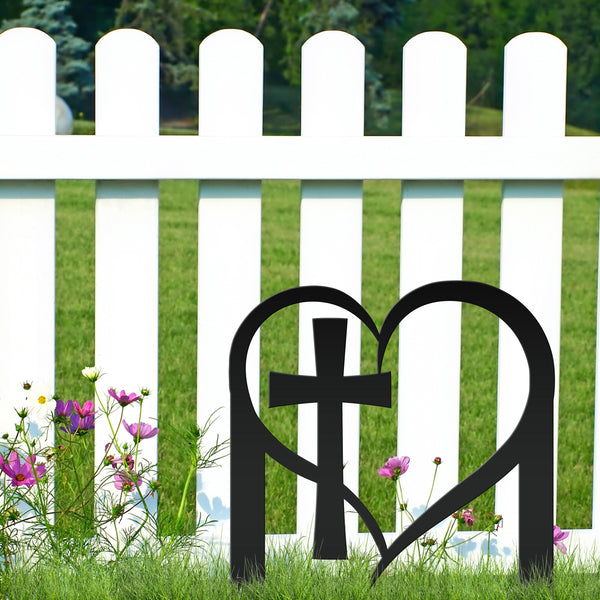 Outdoor Christian Heart Cross Metal Yard Stake - Valentine Decor-Heart Shaped Outdoor Decor-Valentines Garden Decor