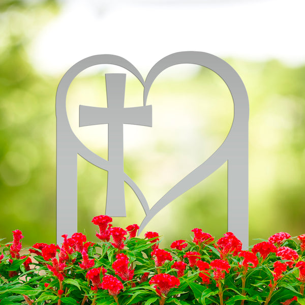 Outdoor Christian Heart Cross Metal Yard Stake - Valentine Decor-Heart Shaped Outdoor Decor-Valentines Garden Decor