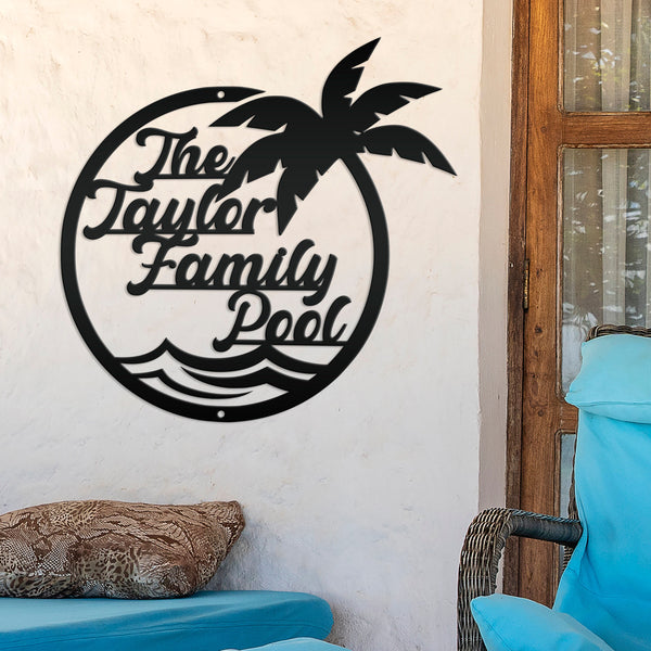 Personalized Pool Sign for Outdoor Patio or Porch Customizable Tropical Palm Tree Sign Outdoor Decor for Deck Family Name Tiki Bar Sign