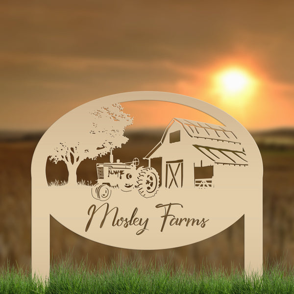 Metal Farm Sign Customizable with Rustic Tractor and Barn with Yard Stakes, Outdoor Personalized Family Name Lawn Decoration, Address Marker