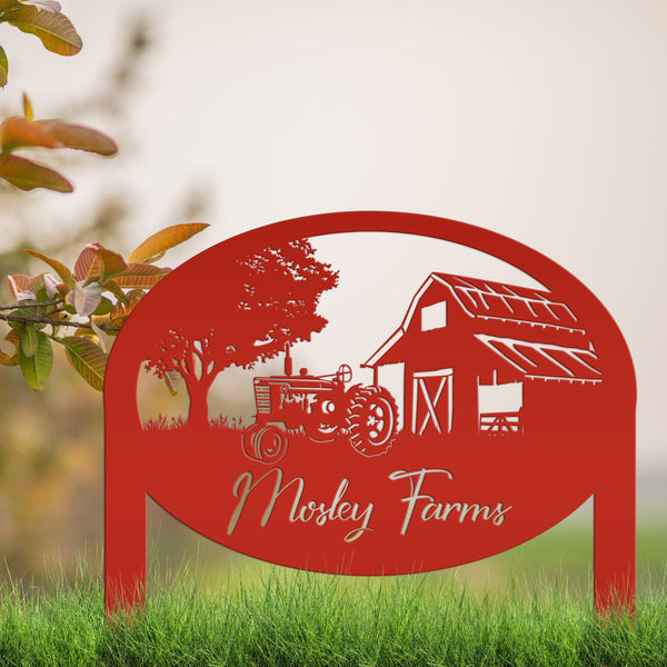 Metal Farm Sign Customizable with Rustic Tractor and Barn with Yard Stakes, Outdoor Personalized Family Name Lawn Decoration, Address Marker