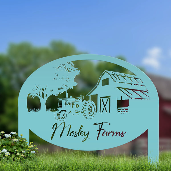 Metal Farm Sign Customizable with Rustic Tractor and Barn with Yard Stakes, Outdoor Personalized Family Name Lawn Decoration, Address Marker