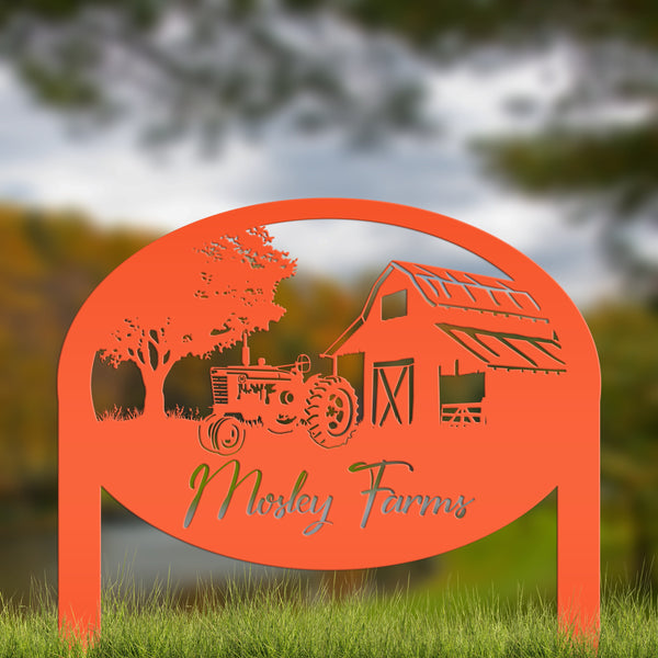 Metal Farm Sign Customizable with Rustic Tractor and Barn with Yard Stakes, Outdoor Personalized Family Name Lawn Decoration, Address Marker