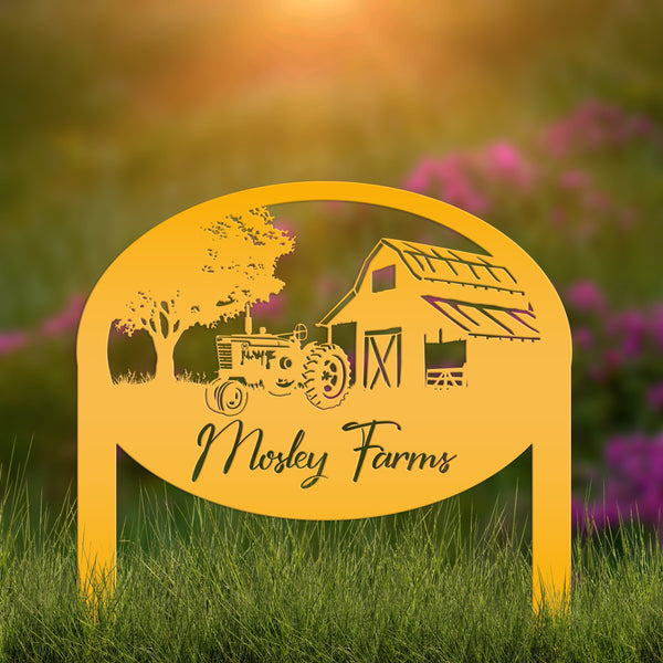 Metal Farm Sign Customizable with Rustic Tractor and Barn with Yard Stakes, Outdoor Personalized Family Name Lawn Decoration, Address Marker